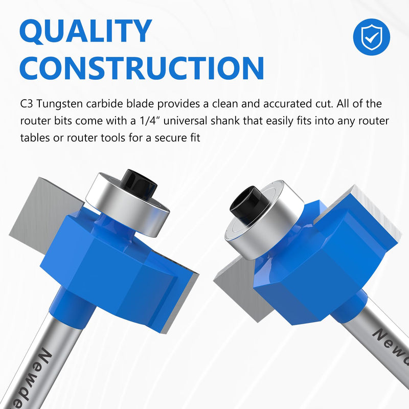 Newdeli Rabbet Router Bit Set 1/4 Inch Shank - 4Pcs Rabbeting Router Bits（1/8",1/4",3/8", 1/2" Height） with 6 Bearings Set (3/8", 1/2", 5/8", 3/4", 7/8", 1-1/8" Bearings) - Wood Biscuit Slot Cutters 4Pcs Rabbet Router Bits-6 Bearings-1/4" Shank
