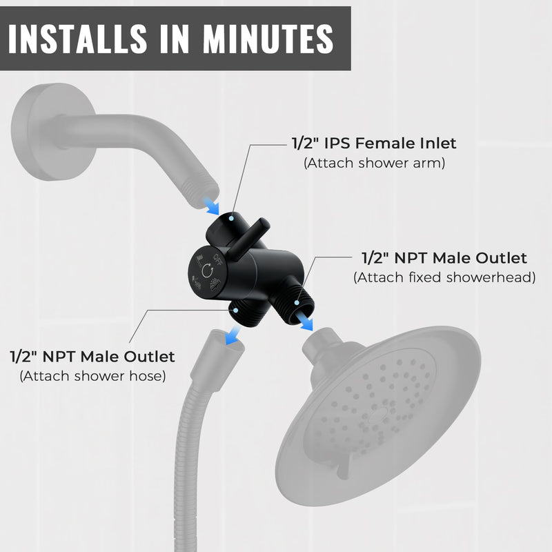 G-Promise All Metal High-Flow Shower Diverter Valve with Pause Mode, 3-Way 4 Setting Splitter for Handheld and Fixed Spray Showerhead Adapter, Bathroom Universal Replacement Part (Matte Black) Matte Black