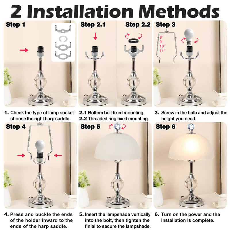 8 9 10 11 inch Nickel Lamp Shade Harp Holder, Adjustable Height Harp Kit with Crystal & Metal Finial, DIY Replacement Making Repair Lampshade Bracket E14 E26 E27 Adapter Base Table Floor Light 1