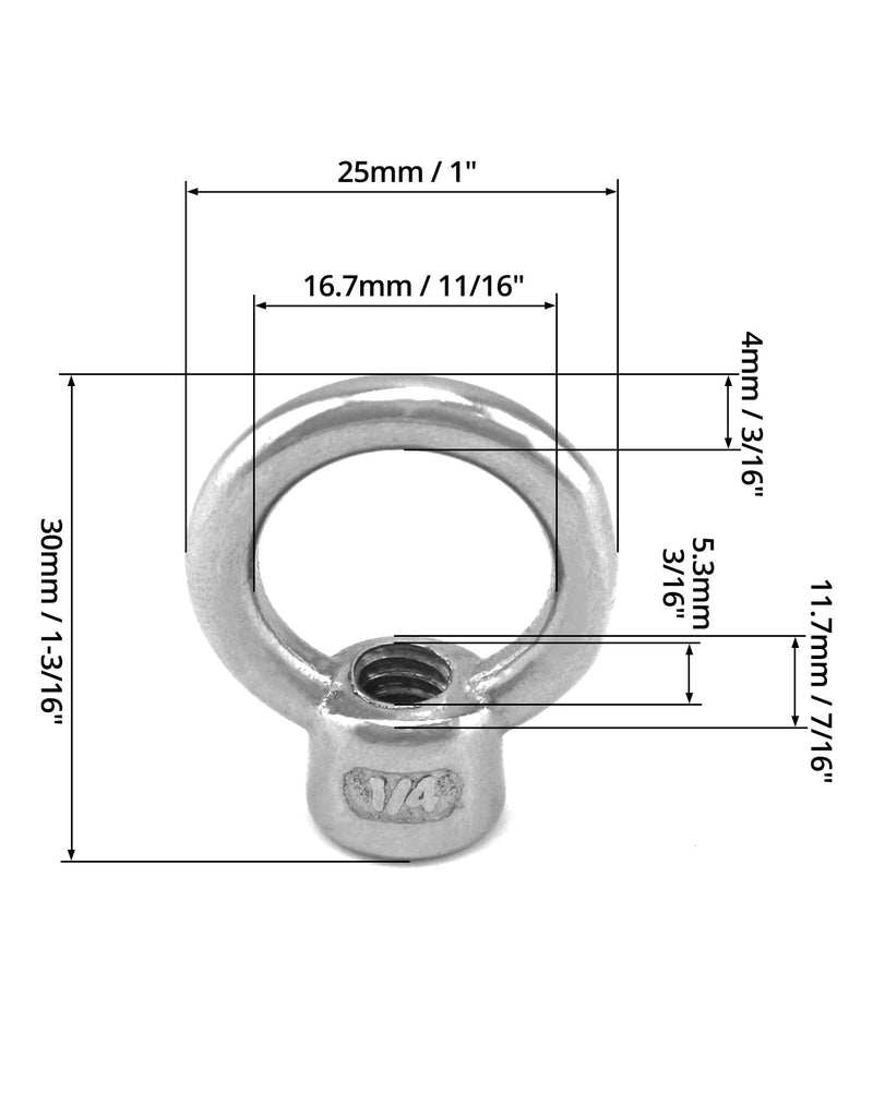 QWORK Lifting Eye Nut, 10 Pack, 1/4" UNC Marine Grade Stainless Steel 316 1/4"
