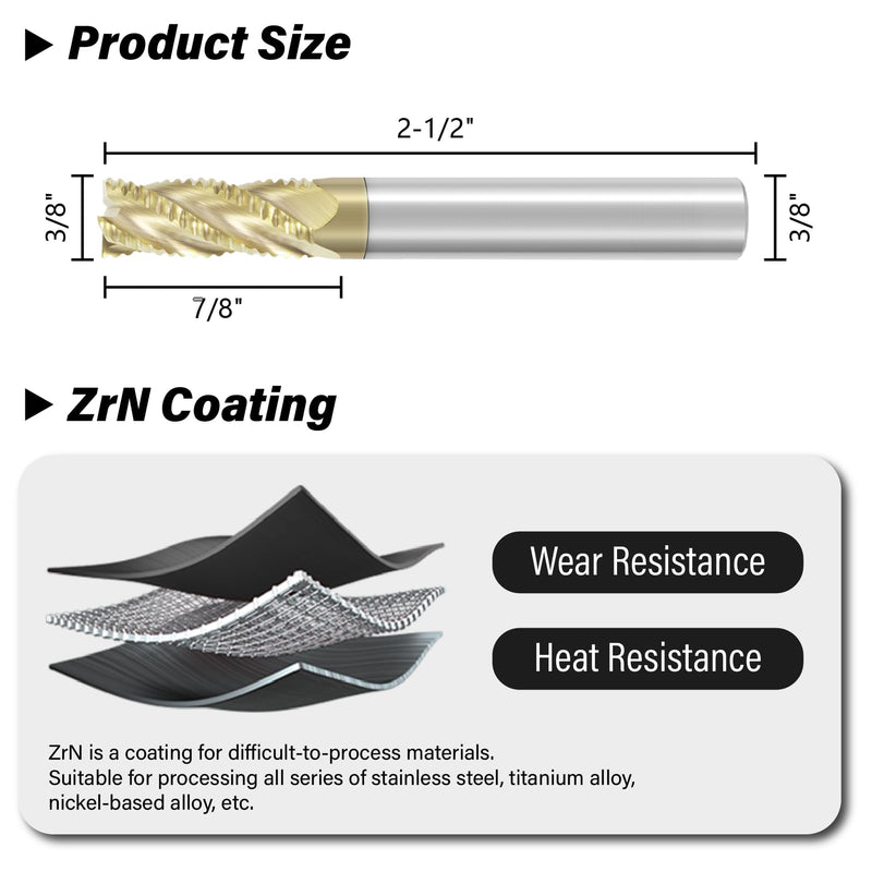 3/8" Roughing End Mill 4 Flute Tungsten Carbide Milling Cutter Bits | ZrN Coating, for Alloy Steels, Hardened Steels 1 3/8 in