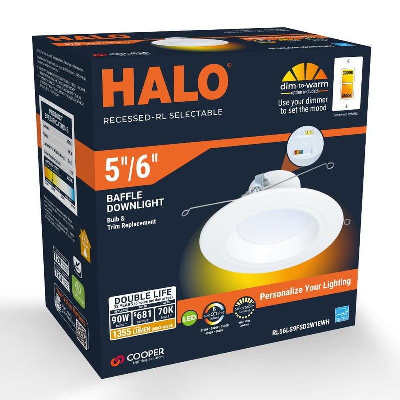 HALO RL Series 5/6 inch Recessed LED Light – Retrofit Ceiling & Shower Downlight, Selectable CCT and Selectable Lumens, Dim to Warm, Matte White Retrofit Baffle Trim, 900/1200 Lumens 900/1200 Selectable Lumens