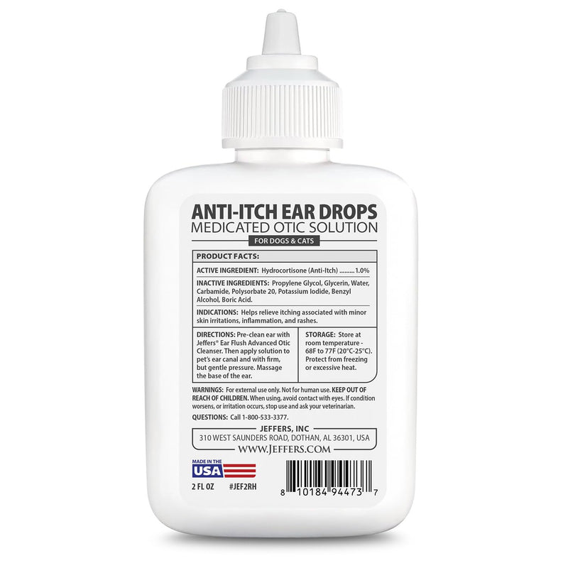 Jeffers Anti-Itch Ear Drops for Dogs & Cats, 2 fl oz -1% Hydrocortisone Otic Solution, Soothes Itchy Ears, Supports Ear Comfort & Hygiene, Clean & Refreshes, Safe for Puppies, Kittens, Adult Pet