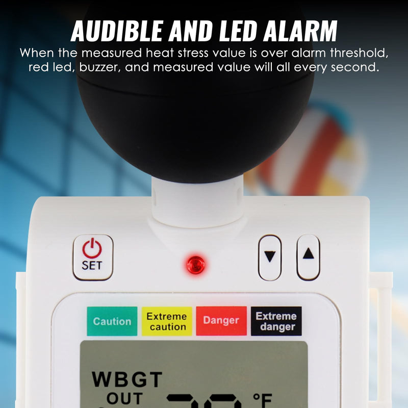Wet Bulb Thermometer 2-in-1 WBGT + HI Heat Index Checker Heat Stress Meter, Wearable Indoor Outdoor Wet Bulb Globe Thermometer Humidity Tester with Four Level Indicator and Audible Alarm
