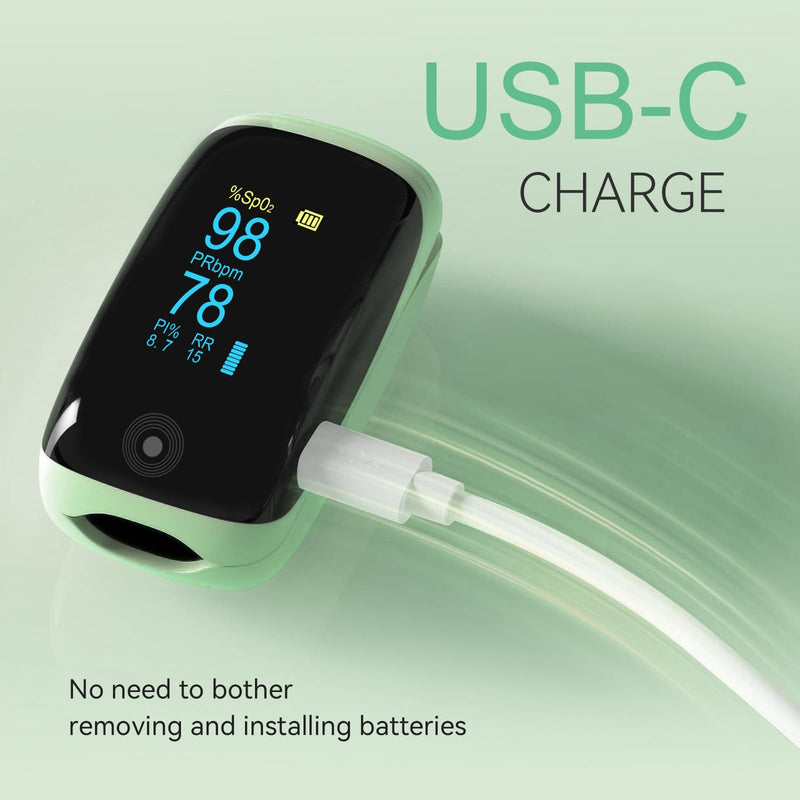 Fingertip Pulse Oximeter with Respiration Rate Monitoring, PI & RR Measurements, Rechargeable Blood Oxygen Monitor with Heart Rate and Fast Spo2 Reading, Pulse Ox with OLED Display, 6 View Modes & Auto-Rotating Screen (Green)