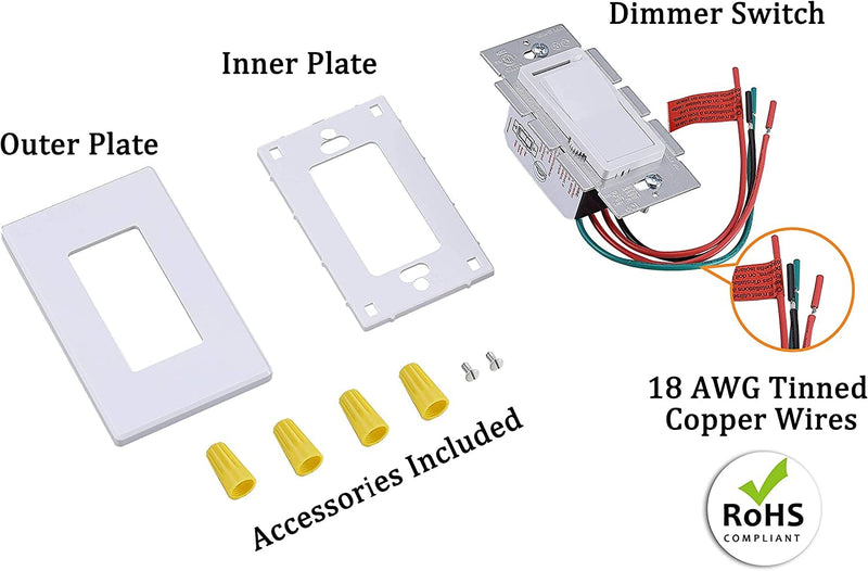 Cloudy Bay in Wall Dimmer Switch for LED Light/CFL/Incandescent,3-Way Single Pole Dimmable Slide,600 Watt max,Cover Plate Included 1-Pack