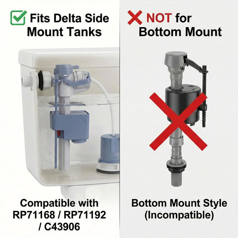 Side Mount Toilet Fill Valve brass connector for Delta RP71168 RP71192 C43906 - Quiet & Anti-Siphon Toilet Repair with 7/8 & 1/2 Inch Adapter, Height Adjustable Fill Valve Fits One/Two-Piece Toilets Copper