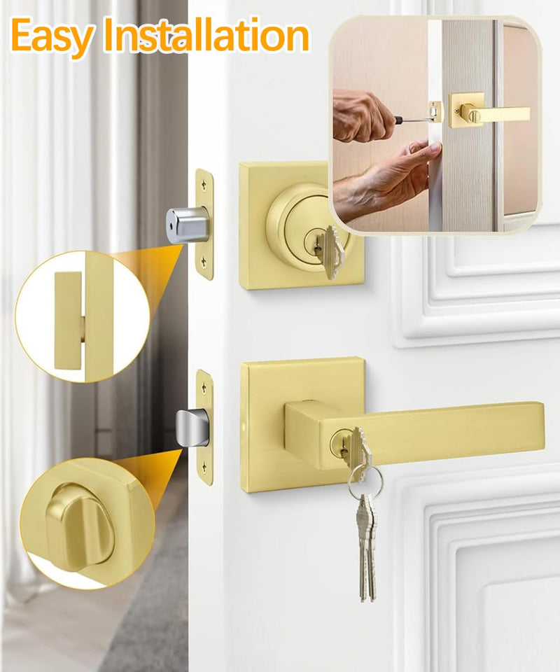 Heavy Duty Gold Exterior Door Handle Set – 5.12-inch Extended Door Lever with Single Cylinder Deadbolt for Entrance/Privacy/Passage/Bedroom Doors (Fits 35-55mm Steel & Wooden Doors)