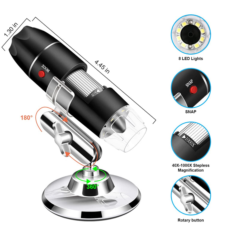 USB Microscope Camera 40X to 1000X, Cainda Digital Microscope with Metal Stand & Carrying Case, Compatible with Android Windows Linux Mac, Portable Microscope Camera for Kids Students Adults Black