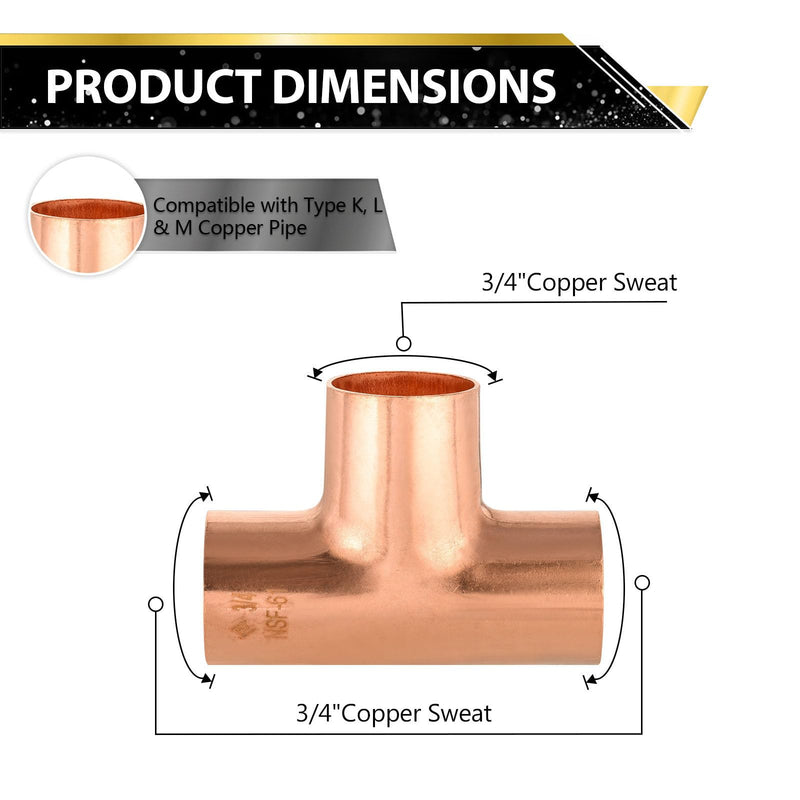 15 Pack Foskan Copper Sweat Fittings,3/4" Sweat Copper Tee 15 3/4" X 3/4" X 3/4"
