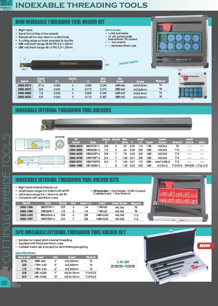 HHIP 2301-0500 500F16 External Indexable Thread ing Tool Holder 3-1/4" OAL, 1/2" x 1/2" Shank