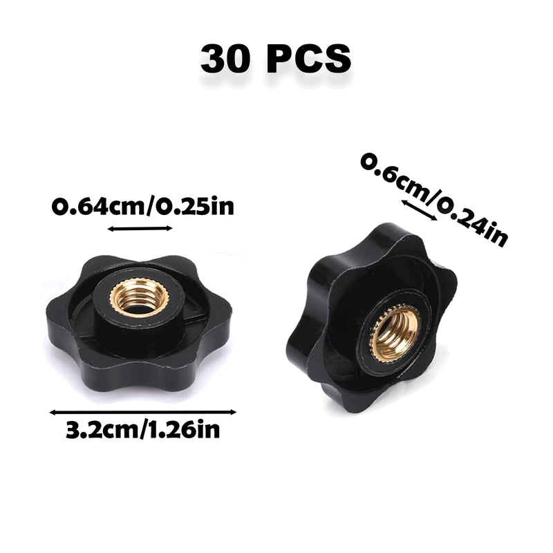30PCS 1/4-20 Knob, 6-Star Knobs, Nylon Female Threaded Knobs, Black Screw-On Type Thru Threaded Knob Nuts, Hand Tighten Clamping Knobs