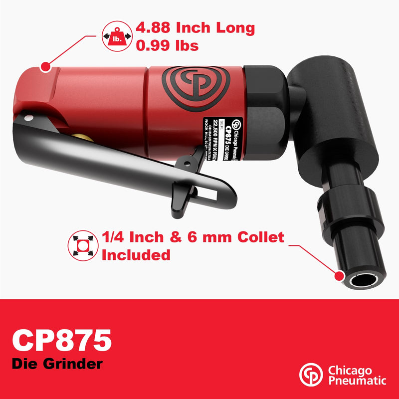 Chicago Pneumatic CP875 - Air Angle Die Grinder Tool, 1/4 Inch (6 mm), 0.3 HP / 220 W, 22500 RPM, Welder, Woodworking, Automotive Detailing, Stainless Steel Polisher, Heavy Duty Angled/Tool 22,500 RPM