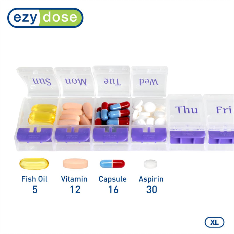 EZY DOSE Weekly (7-Day) AM/PM Daily Pill Organizer, Vitamin Case, and Medicine Container, X-Large Compartments, Arthritis Friendly, Convenient with Effortless Portability, Clear/Purple Lids, BPA Free Purple X-Large 8.75"x2"x1"