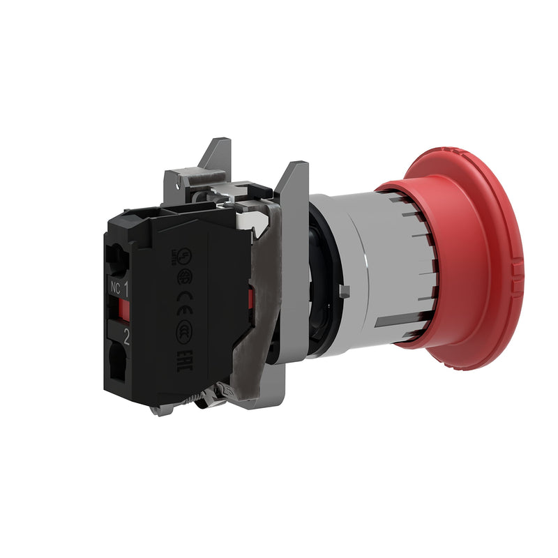Schneider Electric XB4BS8442 Emergency Switching Off Push Button Switch for Industrial Machinery, Chromium Plated Metal Bezel, Fits 22mm Diameter Cutouts, Trigger Latching Turn to Release, 1NC