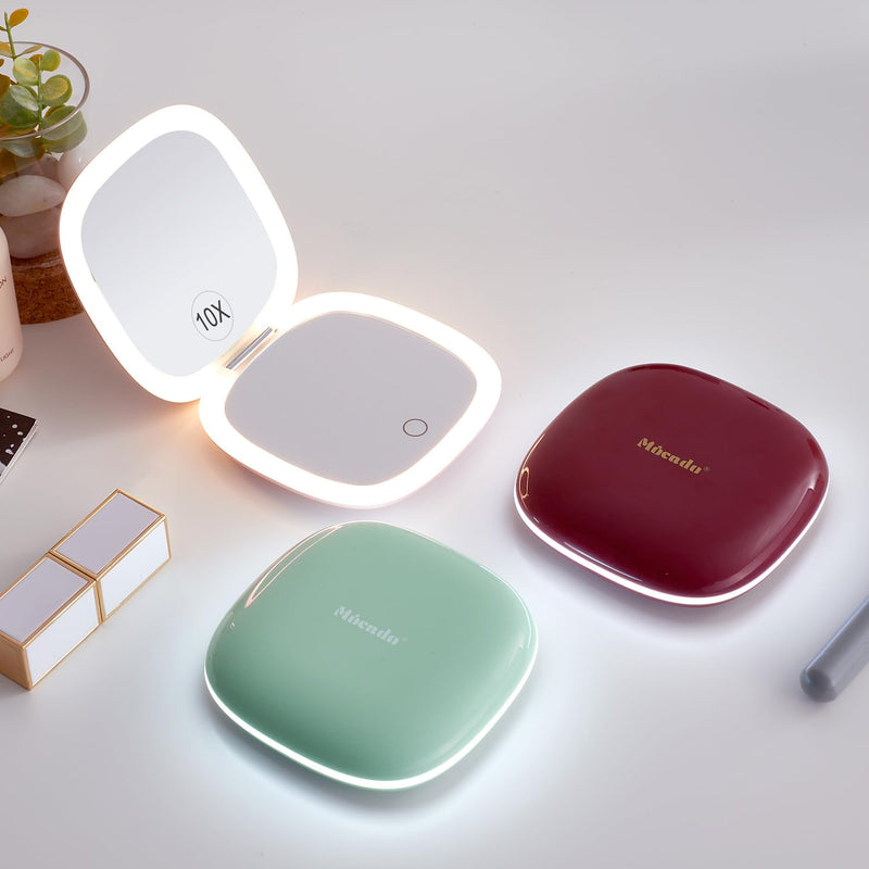 Mocado Compact LED Travel Makeup Mirror - 4 Inches 1X/10X Magnification Travel Mirror with Light Dimmable Double Sides Lighted USB Rechargeable Compact Mirror for Purse,Pocket,Travel(Wine Red) Wine Red