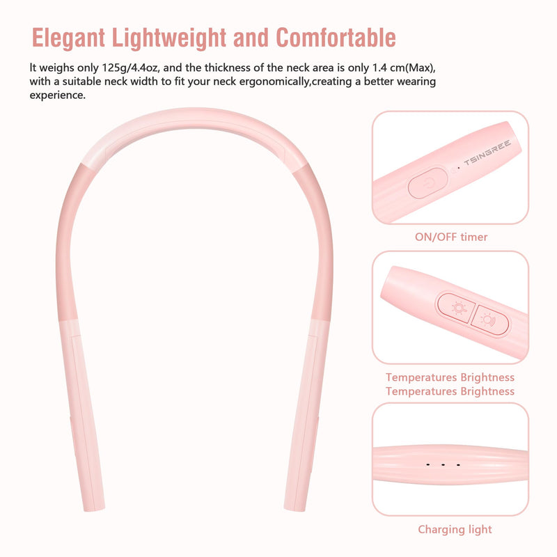 Upgraded LED Neck Reading Light, Book Light, Rechargeable, 3 Colors & 3 Brightness Adjustable, Auto-Off Timer, Neck Light for Reading in Bed, Long Lasting, Perfect for Repairing, Knitting. Sakura Pink