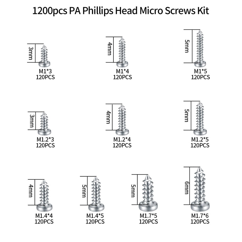 1200 Pcs Mini Screw kit, M1/M1.2/M1.4/M1.7 Micro Phillips Head Pan Head Screws, Small Self-Tapping Electronic Screws Kit, Sunglasses Watch Repair Round Head Screws