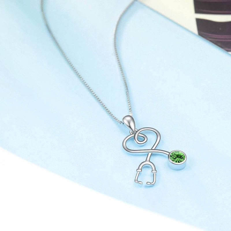AOBOCO Stethoscope Necklace 925 Sterling Silver Embellished with 12 Months Birthstone Crystals from Austria, Graduation Gifts Medical Jewelry for Doctor Nurse Medical Student RN 925 Silver - Peridot Green