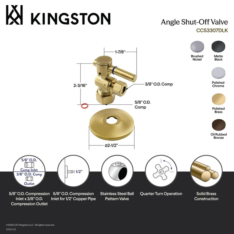 Kingston Brass CC53308DLK 5/8-Inch X 3/8-Inch OD Comp Quarter-Turn Angle Stop Valve with Flange, Brushed Nickel 4.015 cubic inches