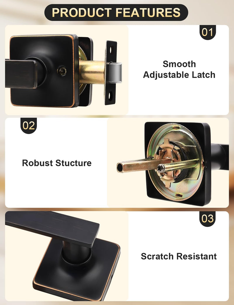 Mengico 2 Pack Passage Door Levers Oil Rubbed Bronze Finish, No-Locking Keyless Square Door Knob, Interior Door Handles for Closet and Hallway, Reversible for Left & Right Handed Passage Function - Keyless