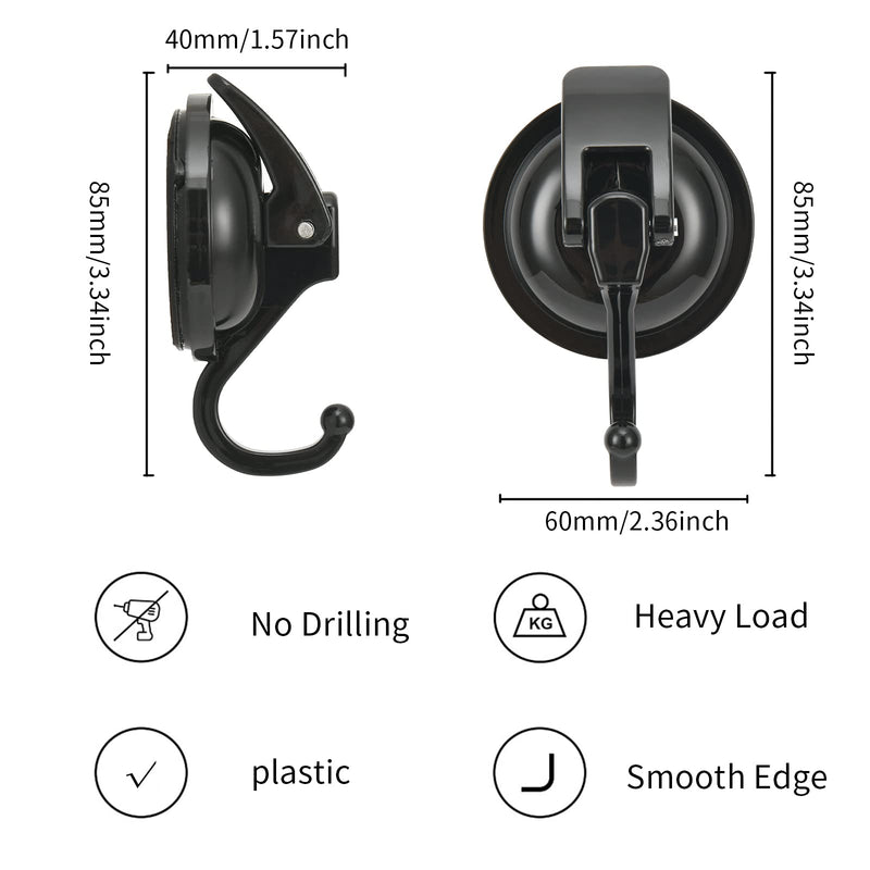 Heavy Duty Vacuum Wreath Cup Hook, Easy to Install and Remove, No Hole Punched,Black- Plated Plished Super Suction for Kitchen，Bathroom and Restroom,2Pack Black, 2Pack
