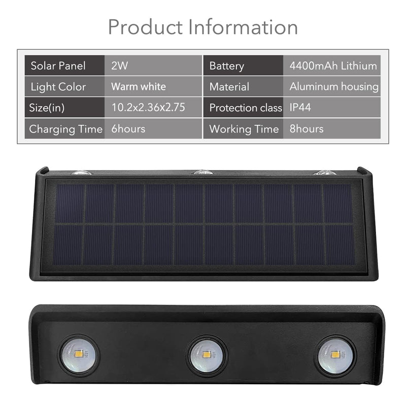 Solar Lights Outdoor 3000K Warm Aluminum Waterproof Dusk to Dawn Lighting Wall Sconce Up Down for Outside, Fence, Walkway, Porch, Deck 2 Pack