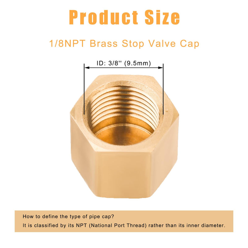 8 Pcs 1/8” Brass Pipe Caps NPT, (3/8” ID) Female Pipe Plug Cap Compression Cap Tube Stop Valve External Hexagon Threaded Socket Plug End Pipe Fittings with Rubber Gasket for Water Line