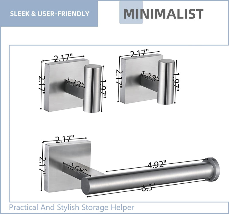 Toilet Paper Holder Wall Mount with 2 Towel Hooks, Brushed Nickel Bathroom Hardware Set, SUS304 Stainless Steel Toilet Paper Roll Holder and Robe Hook Set for Bathroom, RV, Kitchen