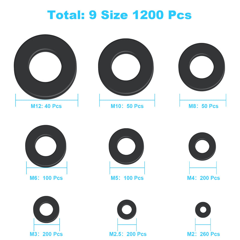 1200 Pcs Nylon Flat Washers for Screws Bolts, Black Plastic Washers, Premium Fender Washers Assortment Set, Assorted Washers Kit (9Sizes-M2 M2.5 M3 M4 M5 M6 M8 M10 M12) for Household & Commercial YLYL 1200 Pcs Nylon Flat Washers