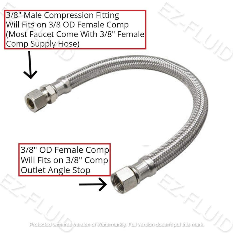 EZ-Fluid Plumbing 12" x 3/8" Male Compression To 3/8-Inch Female Comp. Stainless Steel Braided Faucet Connector Line Extension, Faucet Extension Supply Hose Connector Lines, Fits Delta Faucet (1-Pack) 1 12 Inch