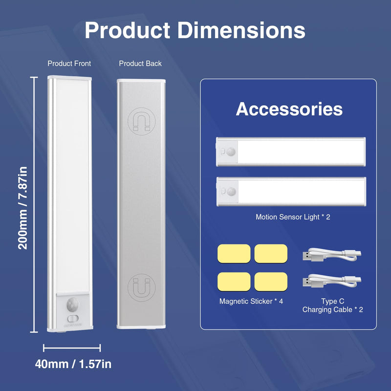 Onforu Under Cabinet Lighting, 34 LED Rechargeable Battery Operated Motion Sensor Closet Lights, Dimmable & 3 Color Temperature, Magnetic Wireless Under Cabinet Lights for Kitchen, Counter, 2 Pack 8inch