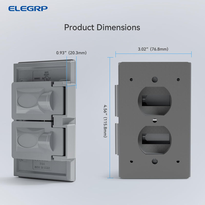ELEGRP Horizontal Outdoor Cover for Duplex Receptacles, 2-Hole Weatherproof Wall Plate, Outdoor Electrical Outlet Cover, Standard Size 1-Gang 4.55” x 3.02”, Thermoplastic, 1 Pack, Grey Grey-Horizontal (2 Holes)