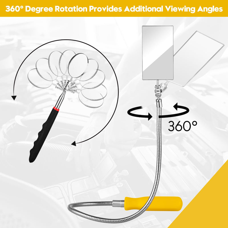 Telescoping Inspection Mirror, Flexible Retractable Automotive Extension Round Mirror 360 Rotation&Bendable Square Mirror, Extendable Mirror on a Stick for Checking Vehicle Condition-Gift for Men Yellow/Black