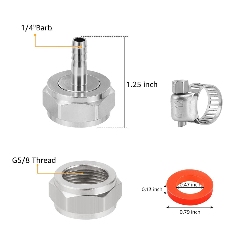 Keg Coupler Barb Connector 1/4'' Beer Barb G5/8 Thread Hex Nut 3/16 Beer Line Connectors with Clamps Keg Coupler Parts Beer Keg Coupler Fitting for Sankey Keg Couplers-4 Pack 4pcs