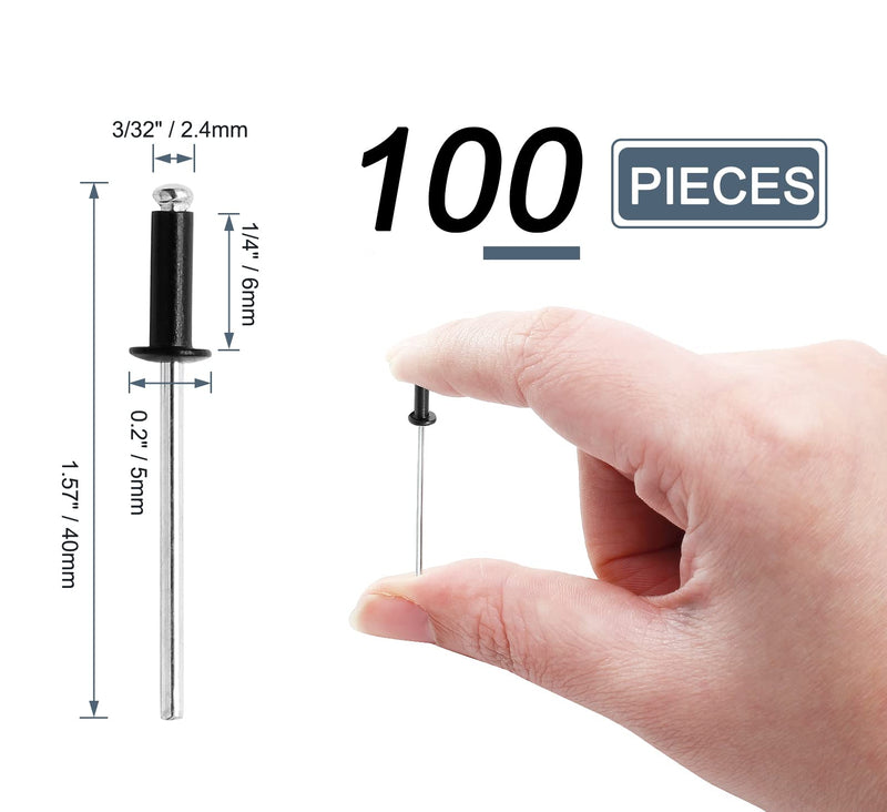 3/32" x 1/4" Black Pop Rivets Assortment - 100Pcs, Aluminum Rivets Metal Blind Rivets Kayak Rivets Tool Marine rivet fasteners for Boat