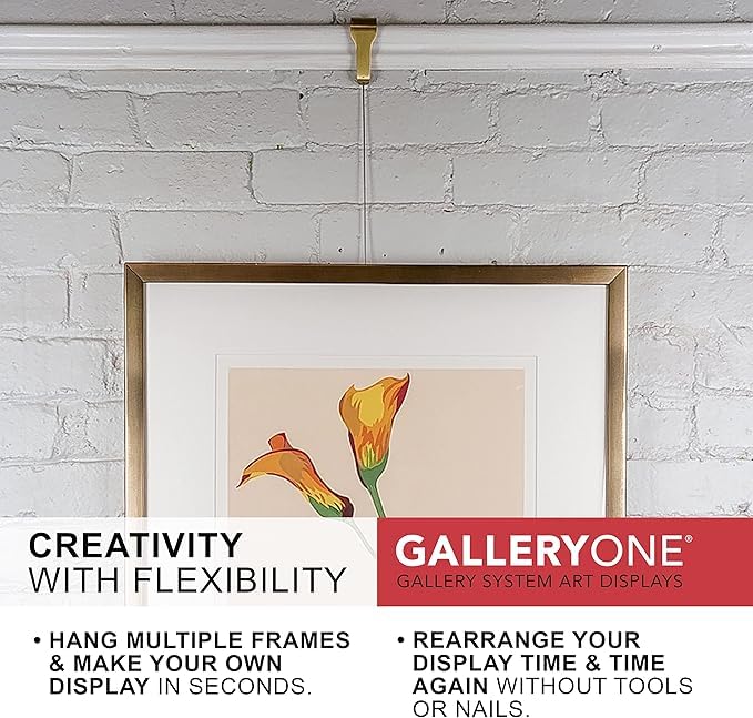 Picture Rail Molding Hangers, Art Gallery Quality - Instantly Adjustable: Choose Brushed Brass or Stainless Steel Hangers with 5 Molding Hooks, 5 Picture Hooks and 6.5-Foot Cables