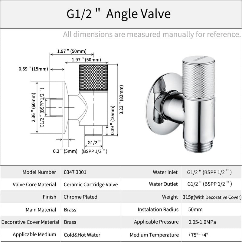 Brass Angle Valve G1/2" xG1/2", Metal Water Valve with Ultrathin Design for Use in Narrow Spaces,Wall Mounted Chrome Plating Valve for Basin Kitchen, Flush Toilet (Chrome)