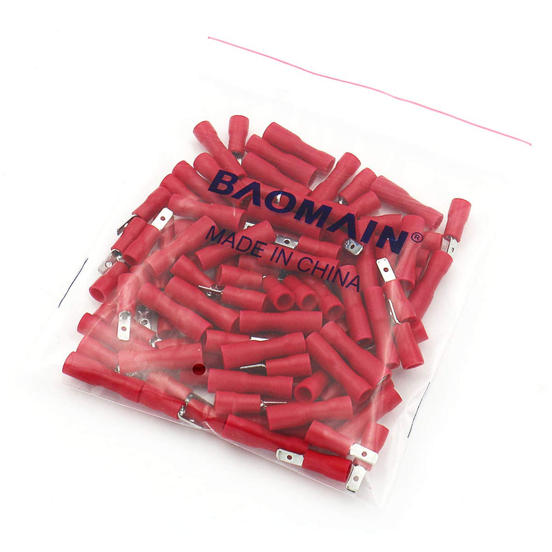 Baomain Female/Male Red Spade Insulated Electrical Crimp Terminal Connectors 22-16 AWG 2.8mm Pack of 100
