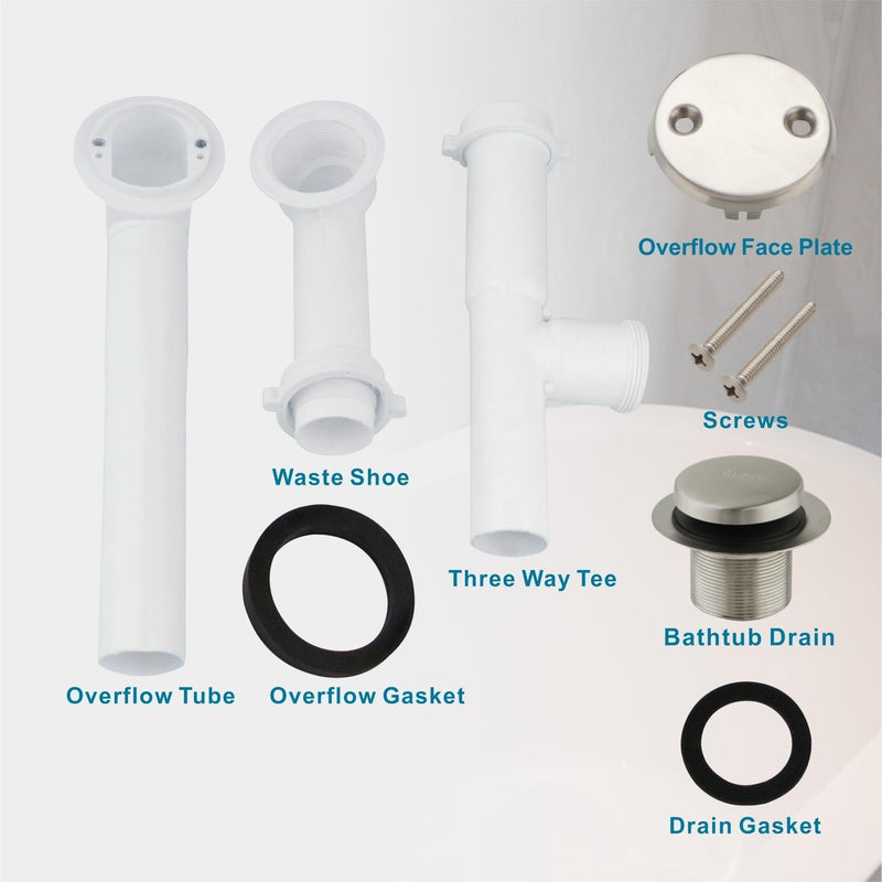 Tubular Bath Tub Drain Kit 1-1/2" with Brushed Tip-Toe Bathtub Drain Stopper, Welsan Touch-Toe Bath Plug Waste and Overflow Face Plate, PVC Plastic Pipe (Brushed Nickel)