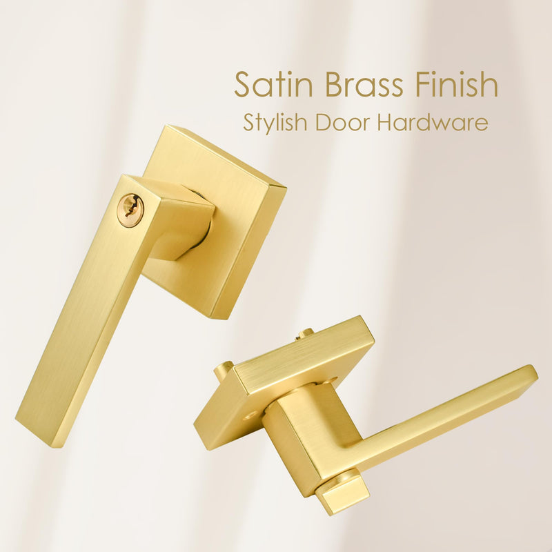 Gold Door Handles Door Knobs with Lock,Satin Brass Door Lever Keyed Front Entry Door Handle Interior/Exterior (1 Pack) Entry - 1 Pack - Not Keyed Alike Satin Brass