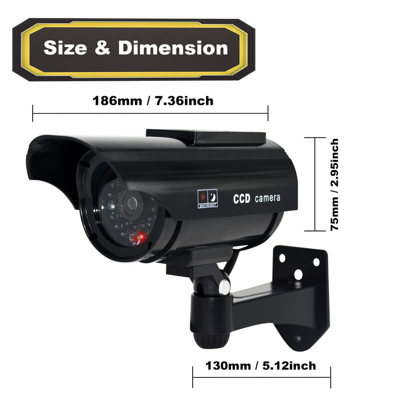 F FINDERS&CO Solar Powered Fake Security Camera, Bullet Dummy Security Camera Surveillance System with Realistic Red Flashing Lights Indoor Outdoor (4 Black)