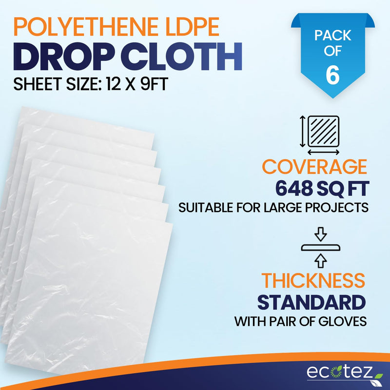 6 Pack 12 x 9 ft Extra Large Painter's Drop Cloth - Light & Durable Dust Cover - Clear Plastic Sheet - Paint Drop Cloth - Plastic Floor Protector 0.4 Mil - 6 Pack