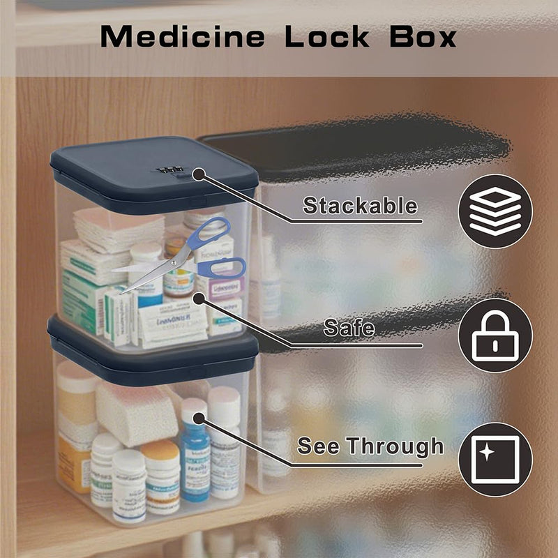 Medication Lock Box for Medicine/Pill Safe, Snack Box Container with locking lid for Fridge Food, Clear Lockable Storage Organizer with code for Candy Nuts - Perfect for Kitchen Cabinets, Home, Office Grey