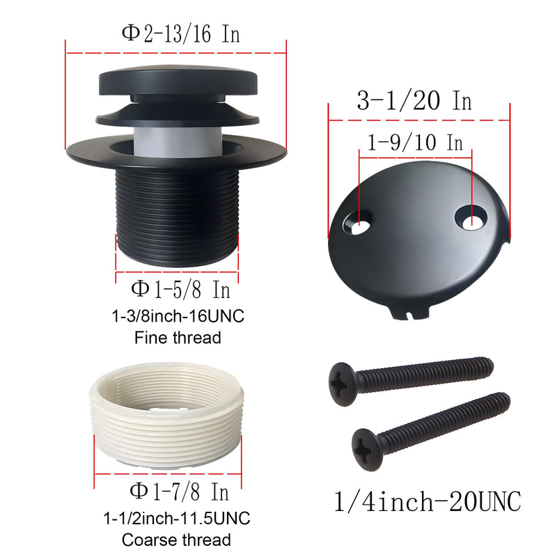 Universal Matte Black Tub Drain and Overflow Kit - Complete 2-Hole Tip-Toe Trim Set with Easy Installation & Fine/Coarse Threads