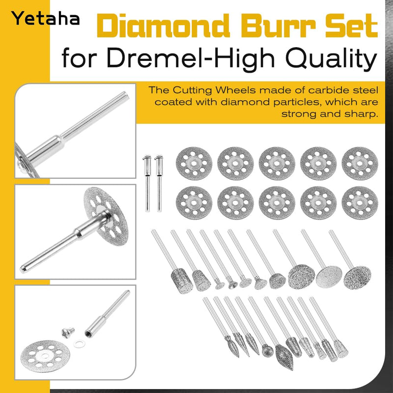 Yetaha Diamond Burr Set for Dremel, Rotary Tool, 1/8” Die Grinding Cutting Wheel Stone Glass Tile Jewelry Engraving Rock Etching Masonry, Grinder Carving Cutter Metal Engraver Kit -32pack