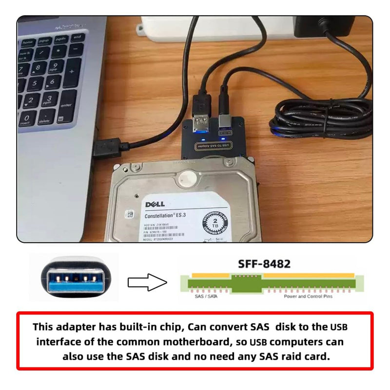 chenyang USB 3.0 to SAS Adapter for 2.5/3.5" SFF-8482 SAS Hard Disks to USB Converter Adapter Without Power Supply (Need Power Supply to Work)