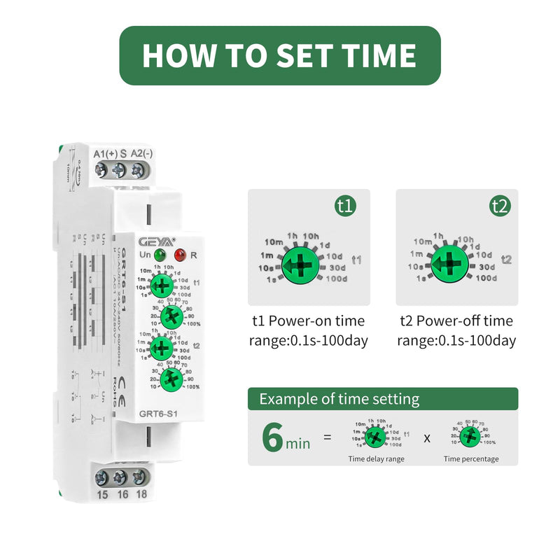 GEYA 10A Asymmetric Cycle ON/Off Repeat Cycle Timer Relay 1SPDT DIN Rail(GRT6-S1,AC/DC 24V-240V) AC/DC24V-240V Grt6-s1