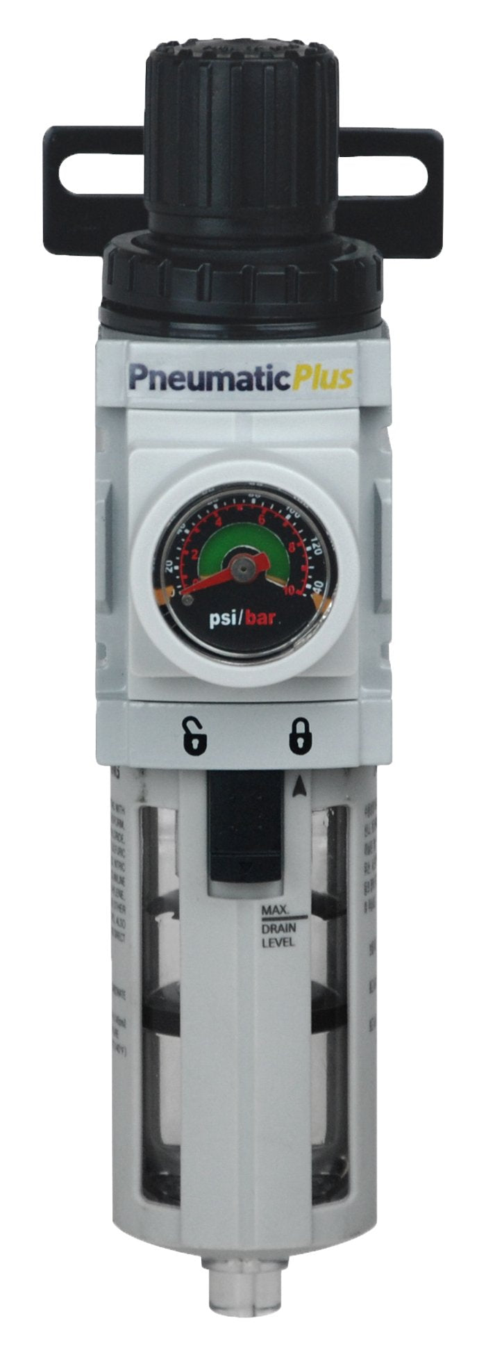 PneumaticPlus PPP2-N02BG Miniature Air Filter Regulator Piggyback Combo 1/4" NPT - 5 Micron, Poly Bowl, Manual Drain, Embedded Gauge 1/4" NPT - Poly Bowl, Manual Drain