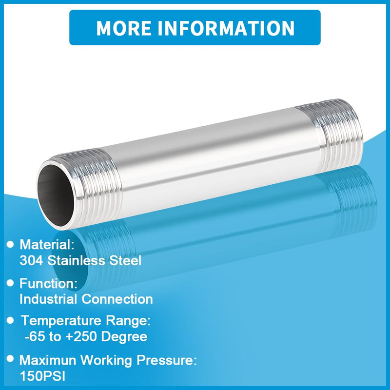 Quickun 304 Stainless Steel Nipple Pipe Fitting, 3/4" NPT x 3/4" NPT Male Malleable Nipple Cast Pipe 6" Length